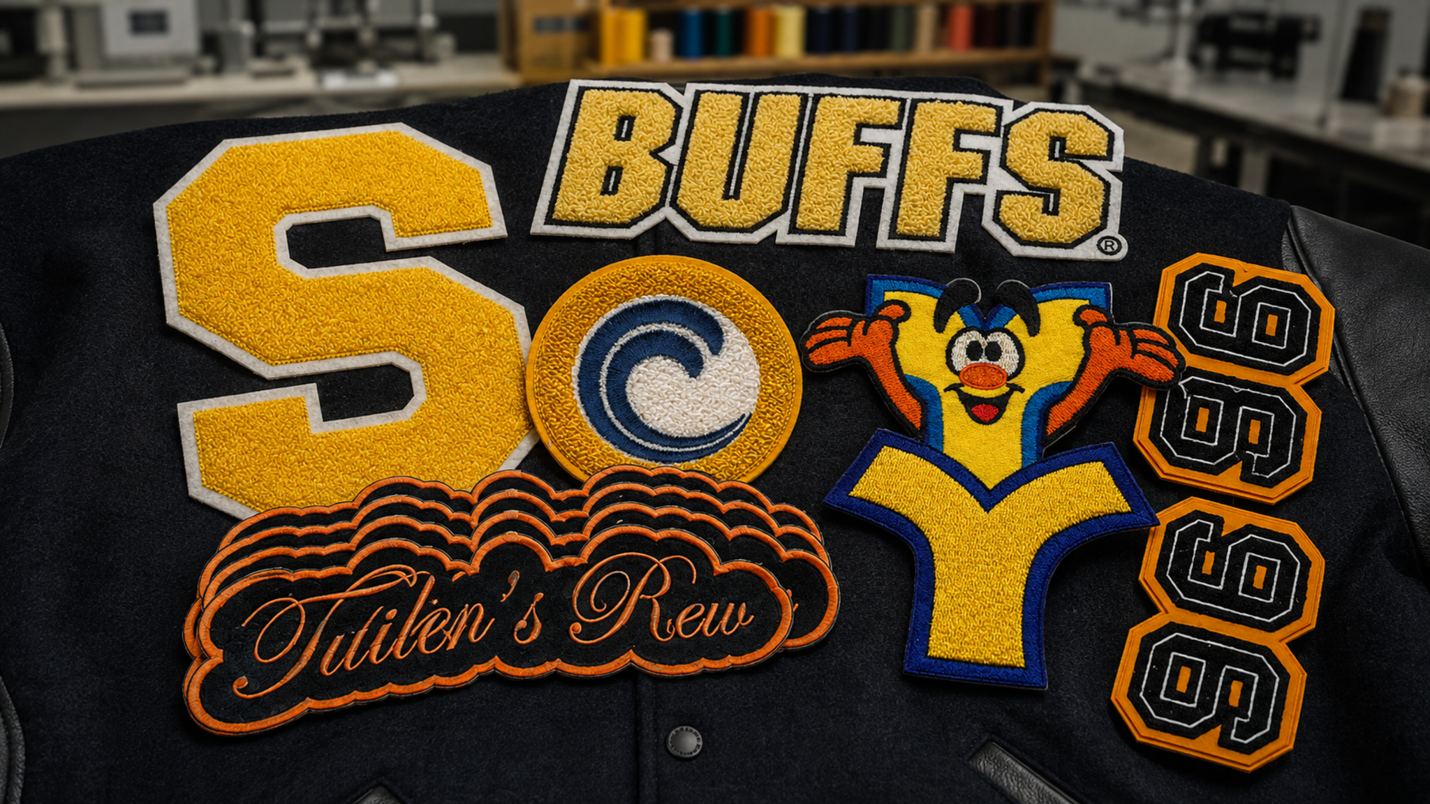 Real completed custom chenille patch assortment for bulk orders
