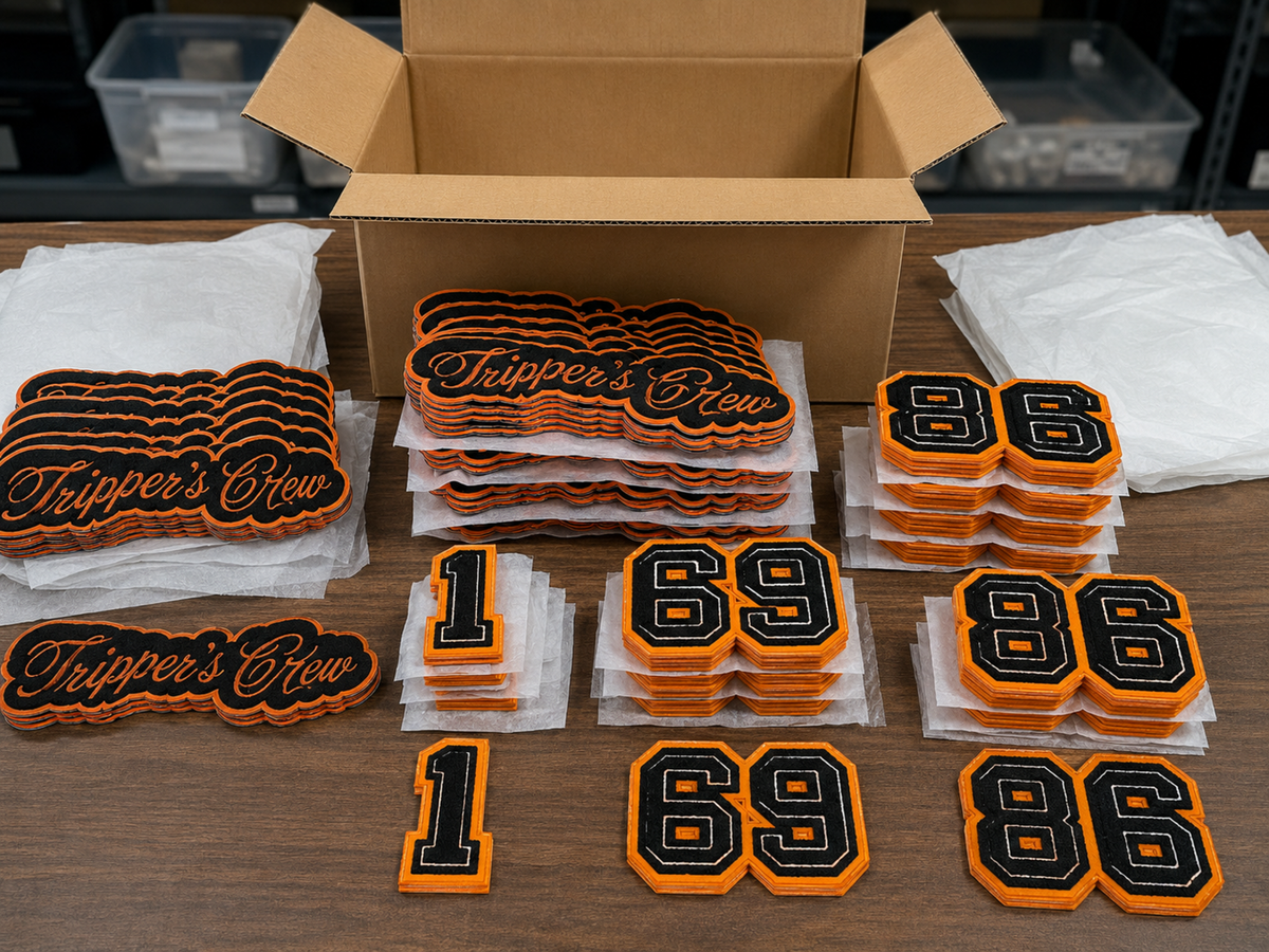 Completed bulk chenille patch order ready for packing