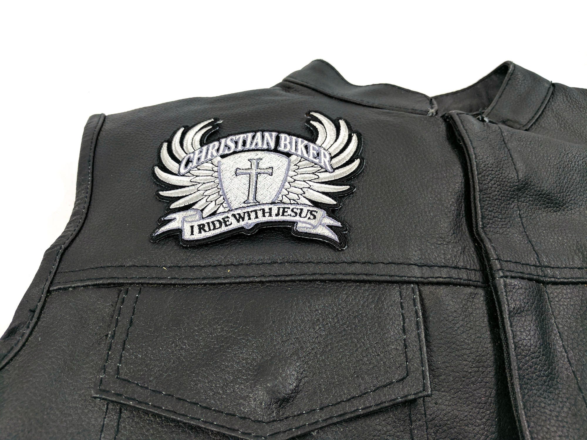 Small Christian Biker Patch I Ride With Jesus ( 5 x 4 inches )