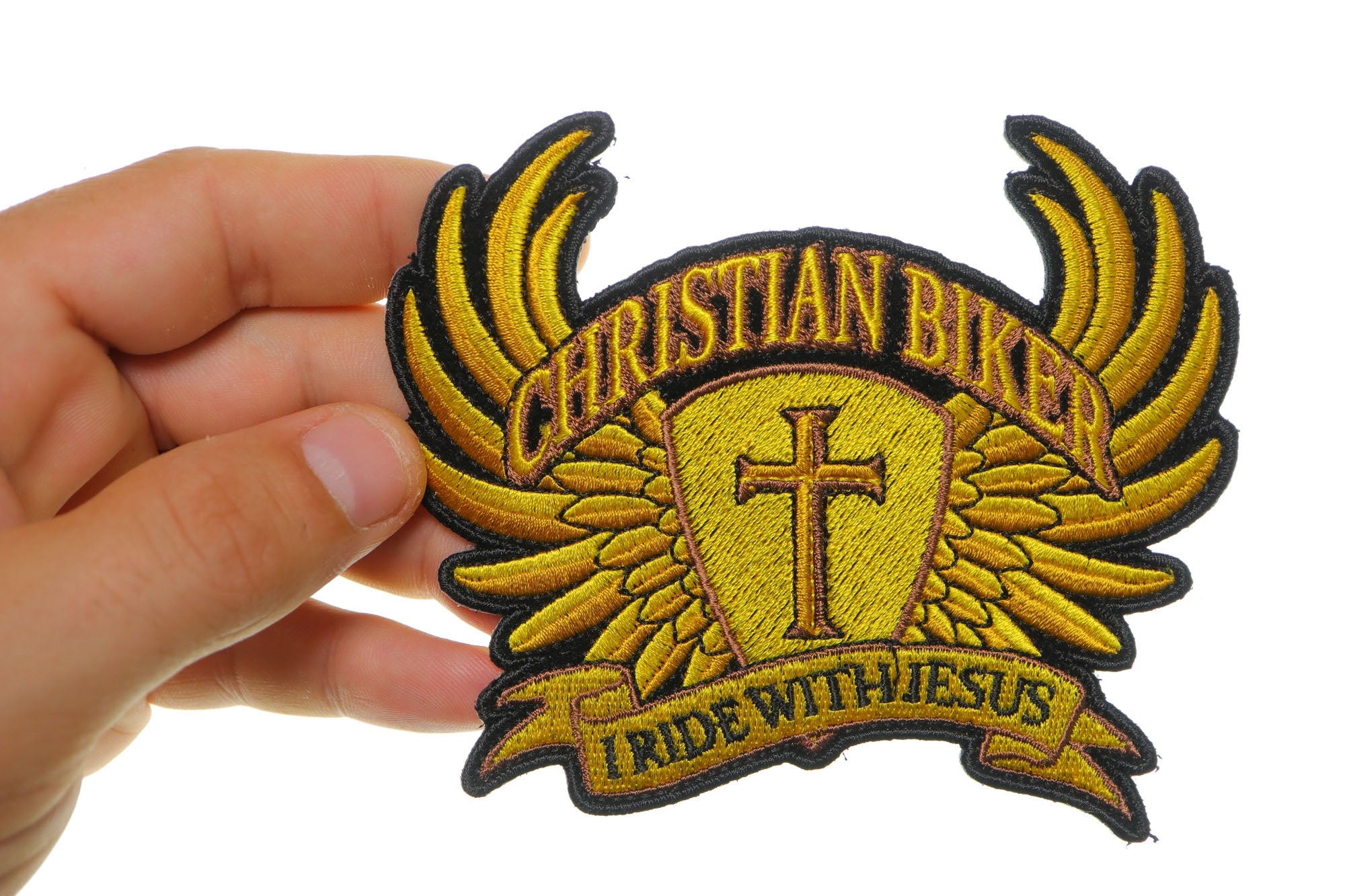 Christian Biker Iron-On Patch - I Ride With Jesus' in Brown for Bold Faith ( 4 x 2  inches )