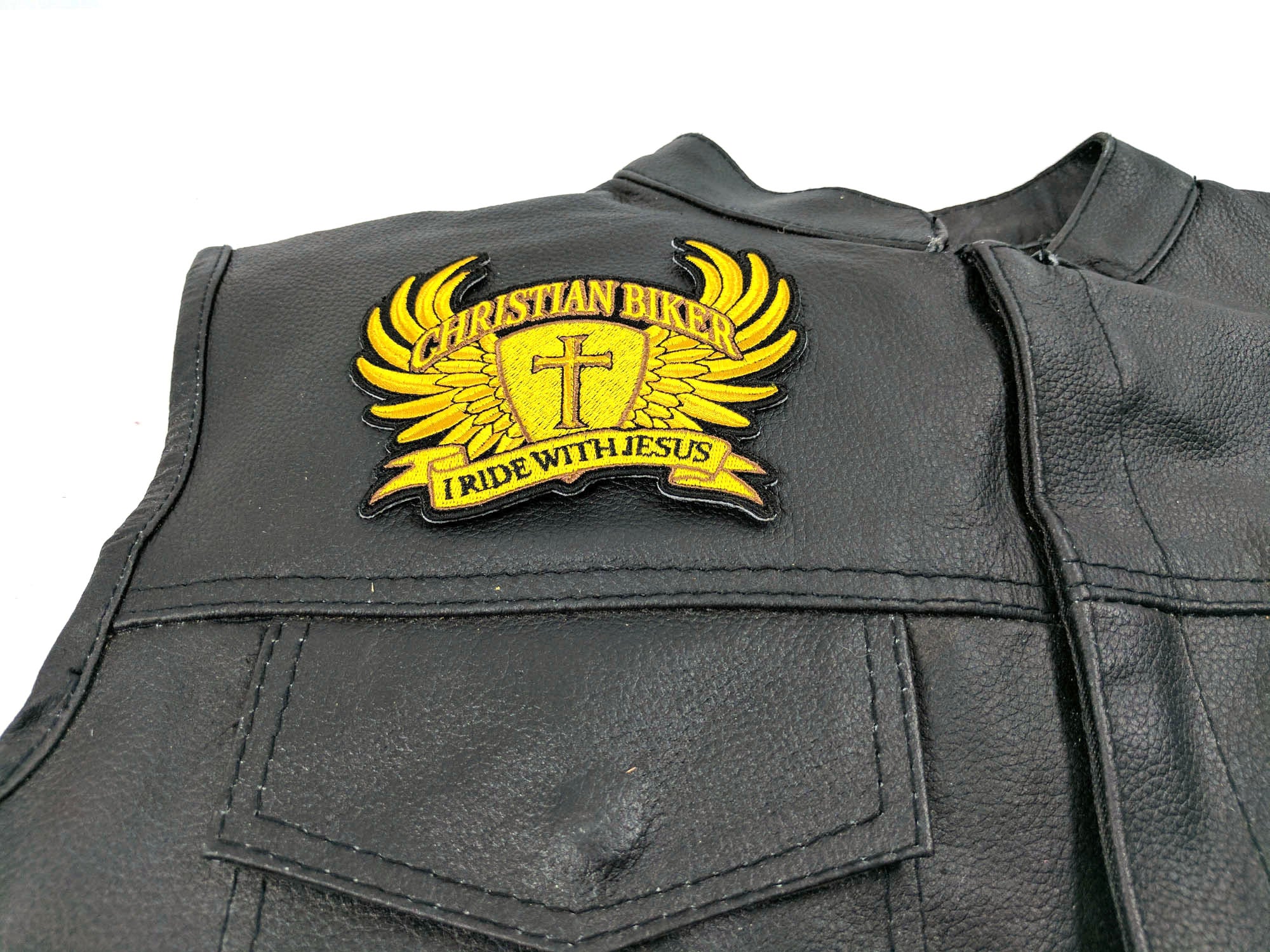 Christian Biker Iron-On Patch - I Ride With Jesus' in Brown for Bold Faith ( 4 x 2  inches )