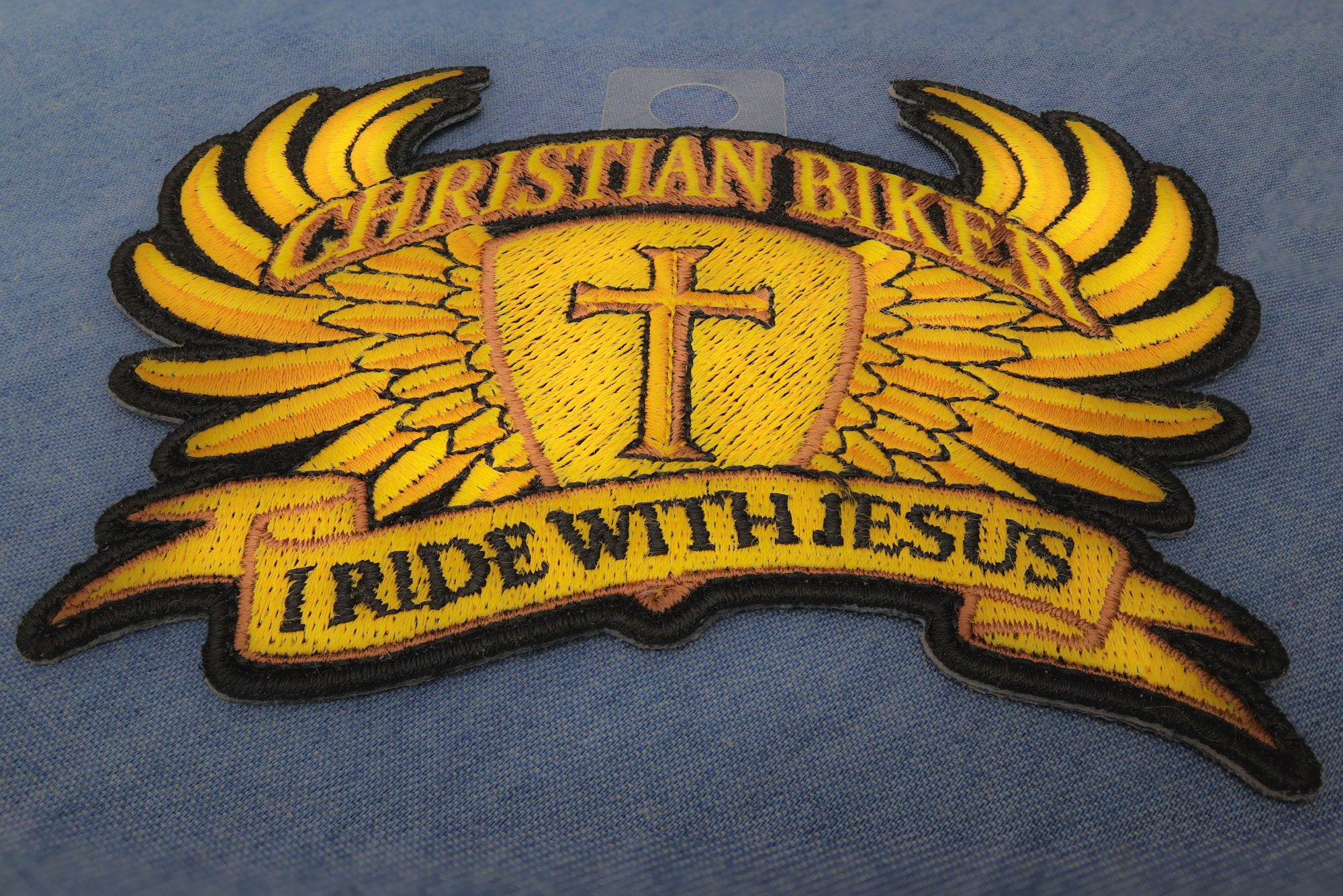 Christian Biker Iron-On Patch - I Ride With Jesus' in Brown for Bold Faith ( 4 x 2  inches )