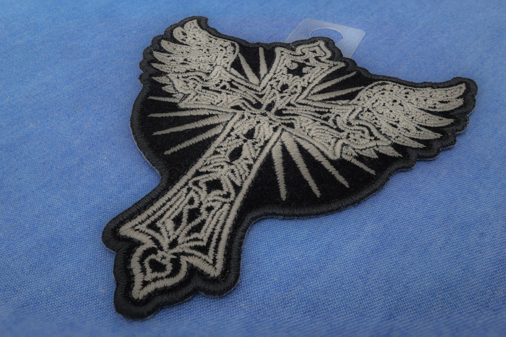Christian Cross with Wings Patch – Embroidered Iron-On Patch ( 4  x 4 inches )
