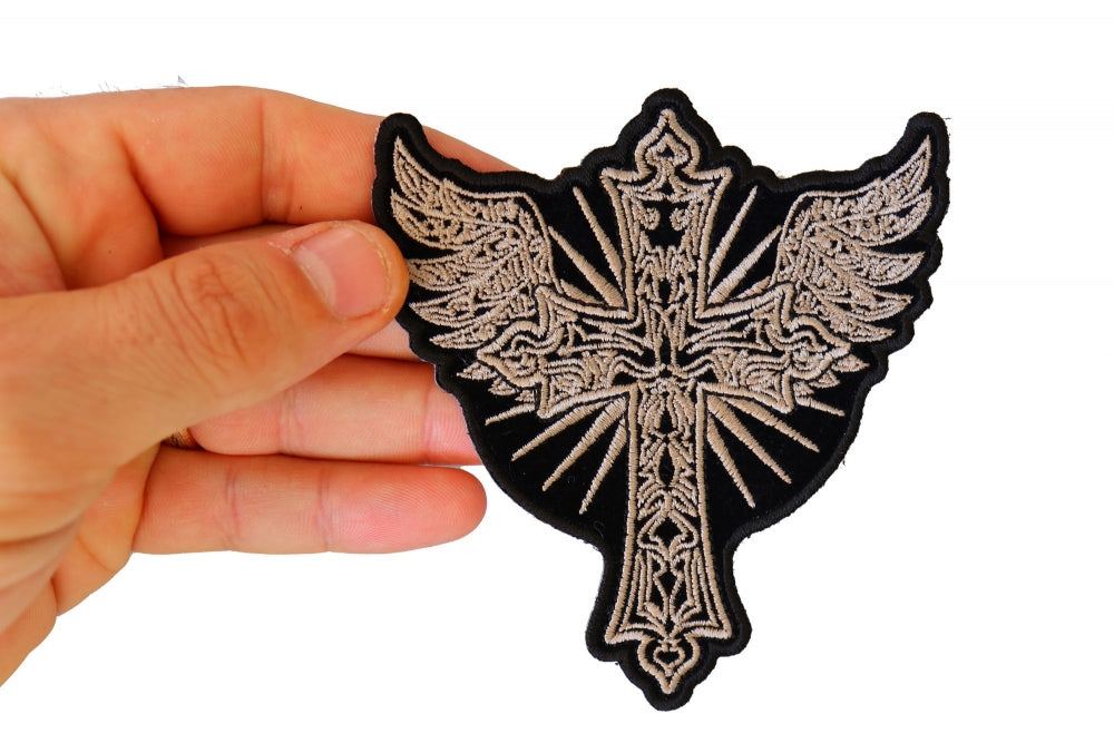 Christian Cross with Wings Patch – Embroidered Iron-On Patch ( 4  x 4 inches )