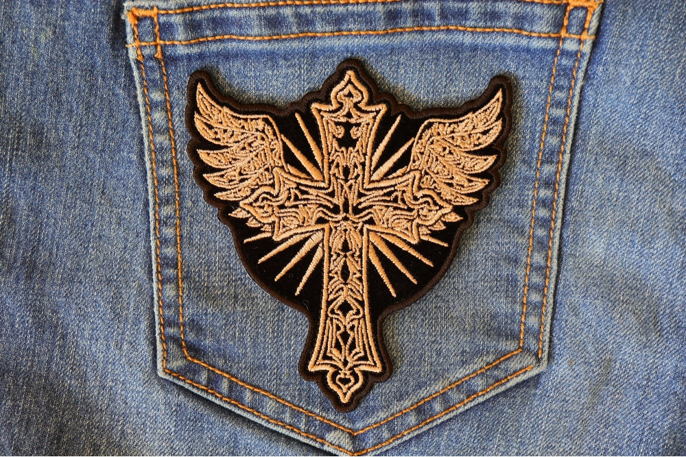 Christian Cross with Wings Patch – Embroidered Iron-On Patch ( 4  x 4 inches )