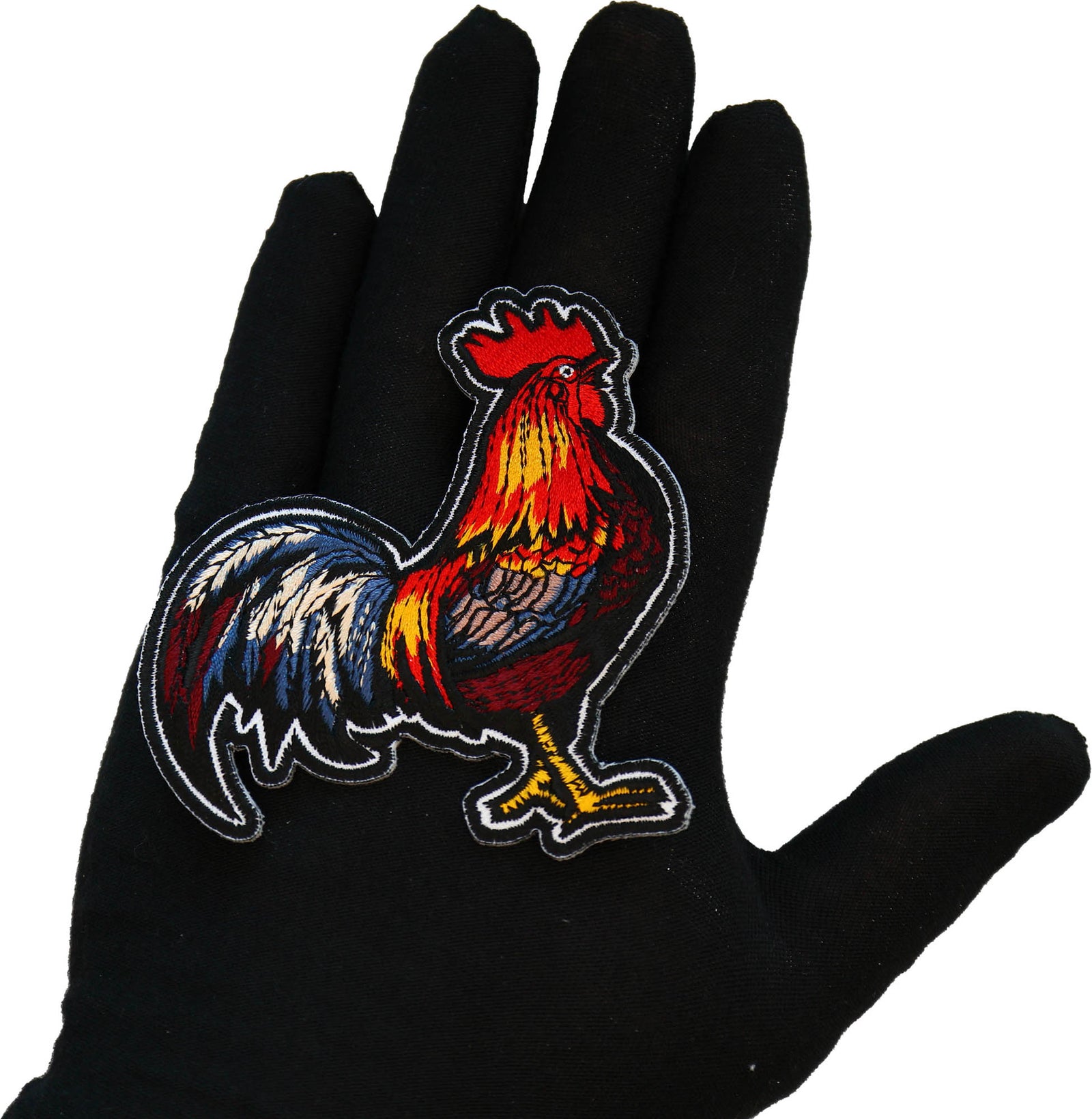 Cock Rooster Embroidered Patch shown for scale