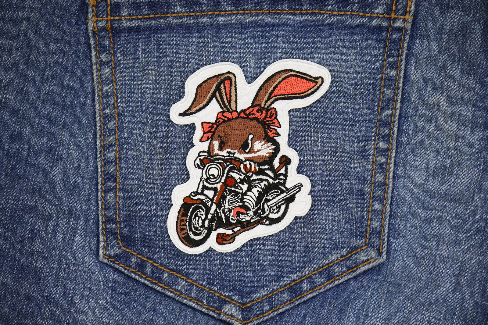 Cute Rabbit Motorcycle Embroidered Patch shown for scale