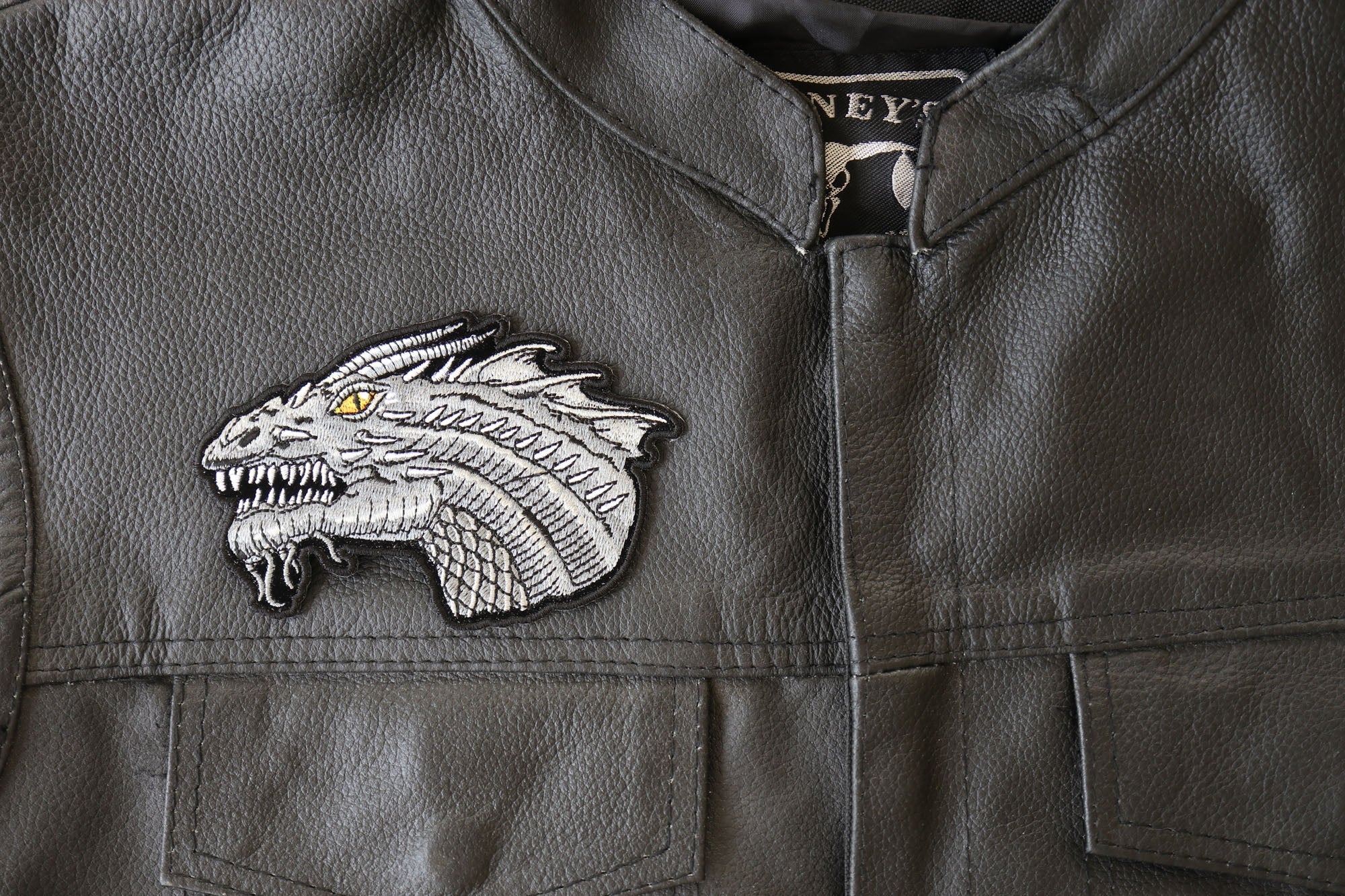 Small Dragon Patch with Yellow Eyes – Embroidered Iron-On Design  ( 4 x 3 inches )