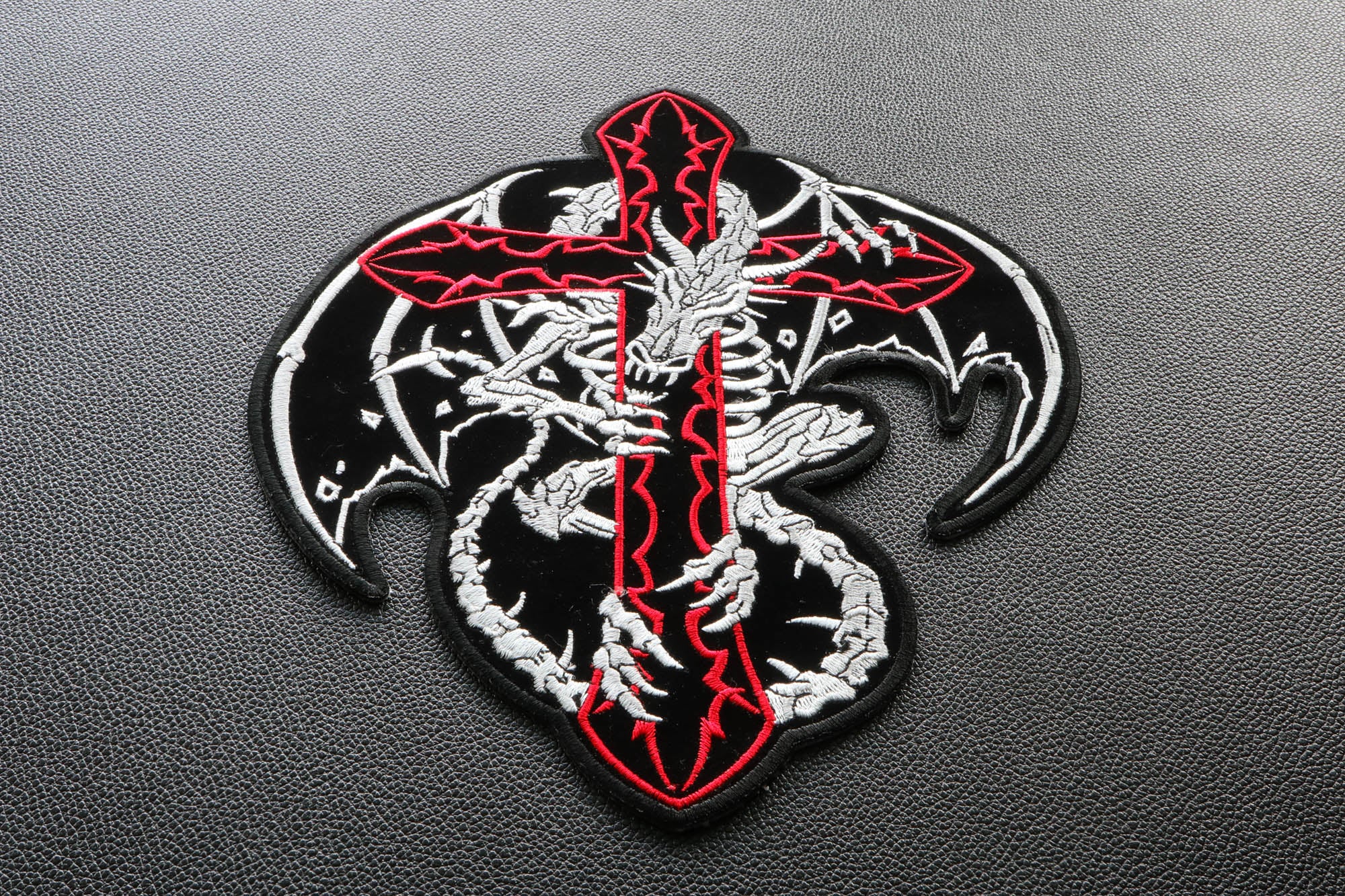 Dragon Skeleton Cross Patch - A Fierce Christian Design for Jackets, Bags, and Gear (  4 x 2  inches )