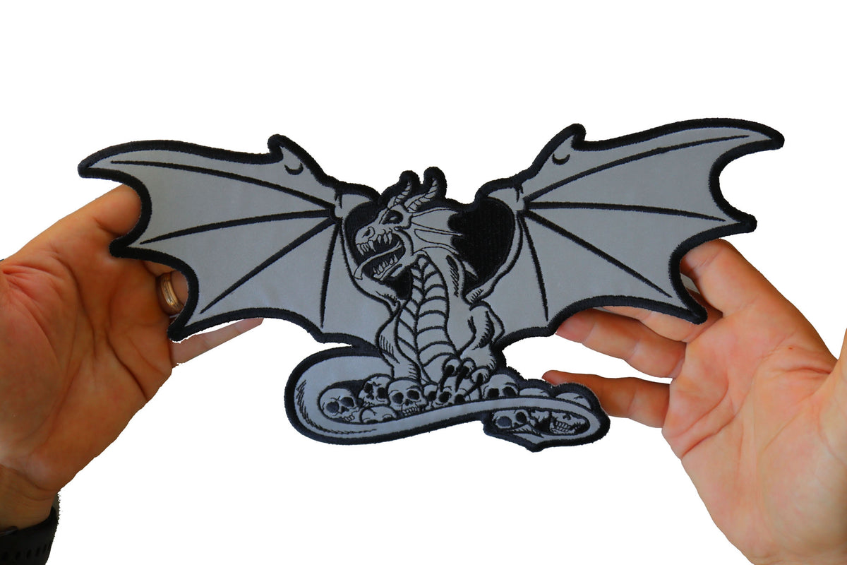 Dragon with Skulls Reflective Embroidered Patch reverse and construction view