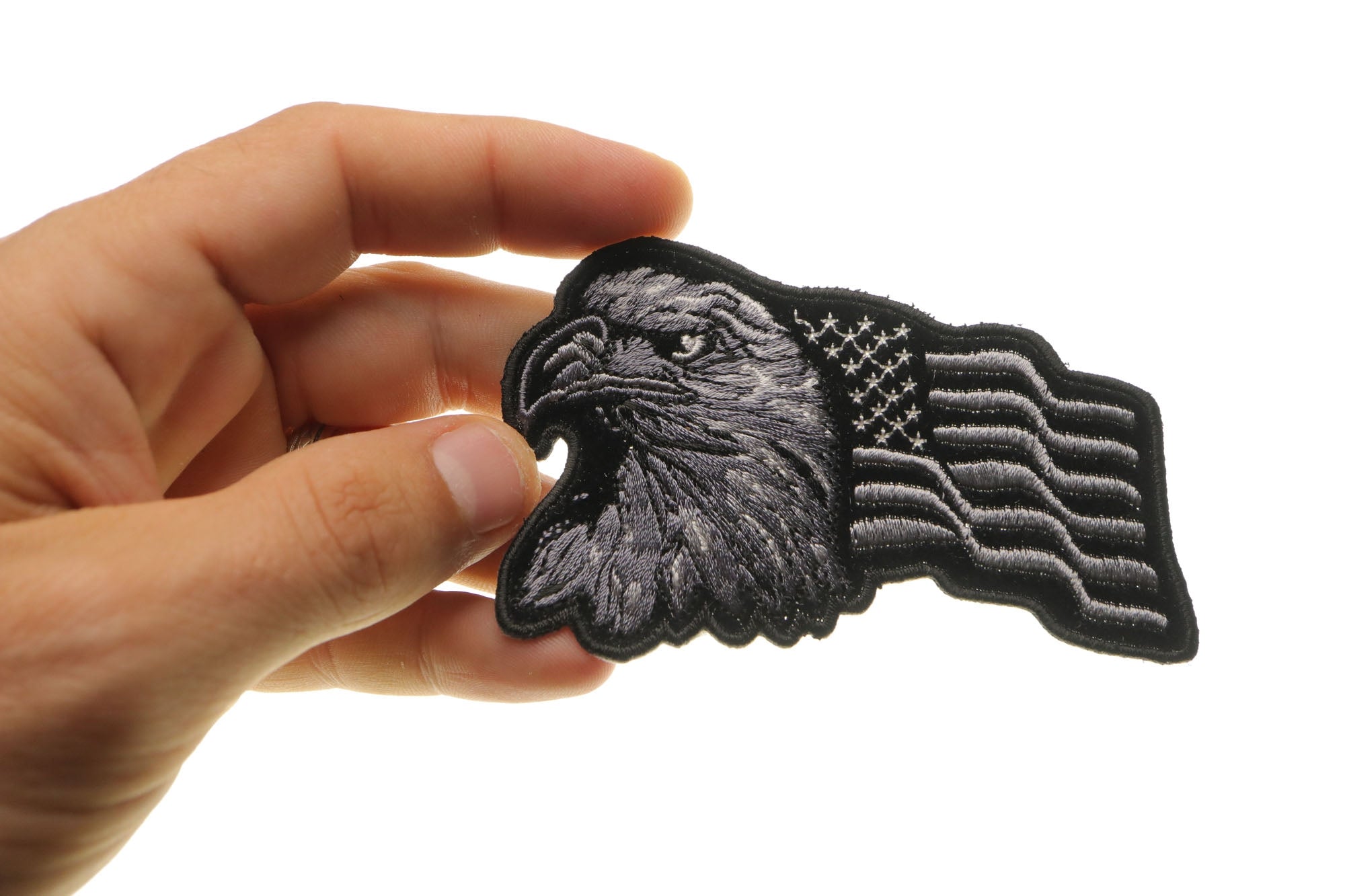 Eagle With Waving Flag Black Silver Patriotic Iron-on Patch ( 4 x 3 inches )