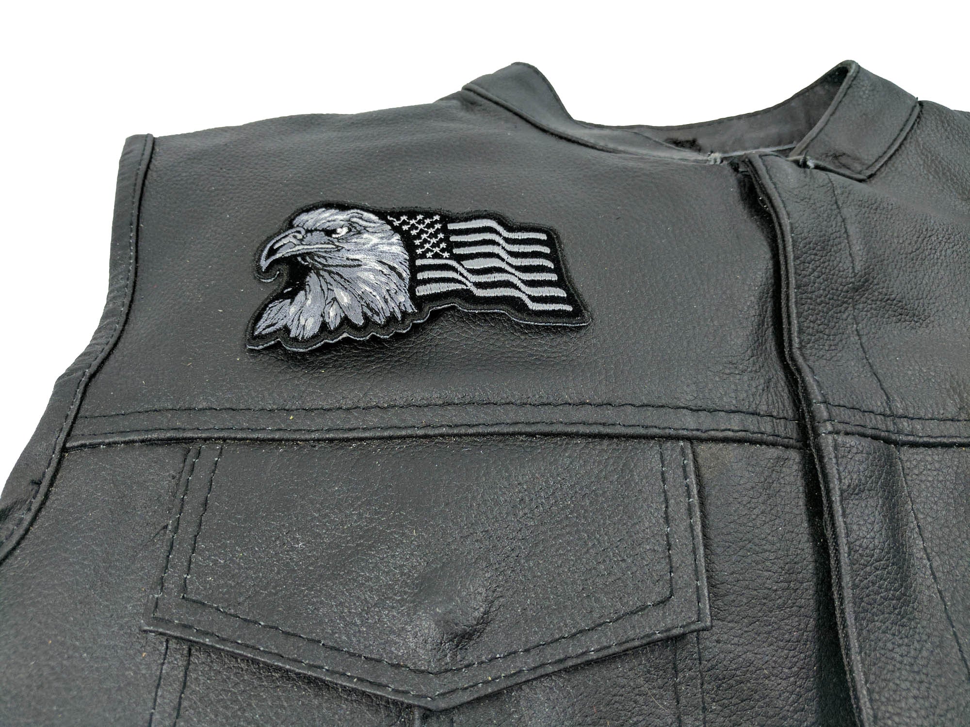 Eagle With Waving Flag Black Silver Patriotic Iron-on Patch ( 4 x 3 inches )