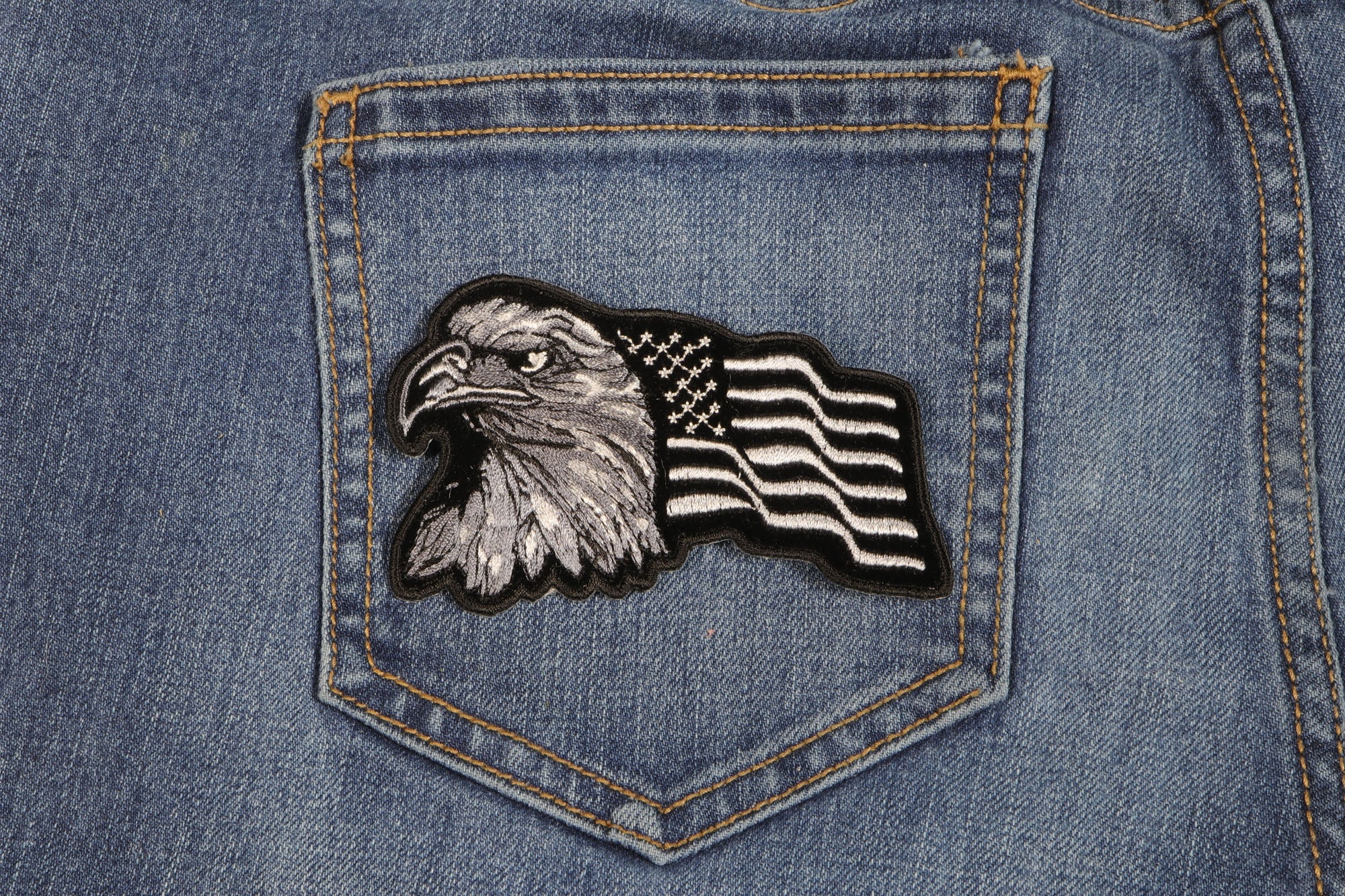 Eagle With Waving Flag Black Silver Patriotic Iron-on Patch ( 4 x 3 inches )