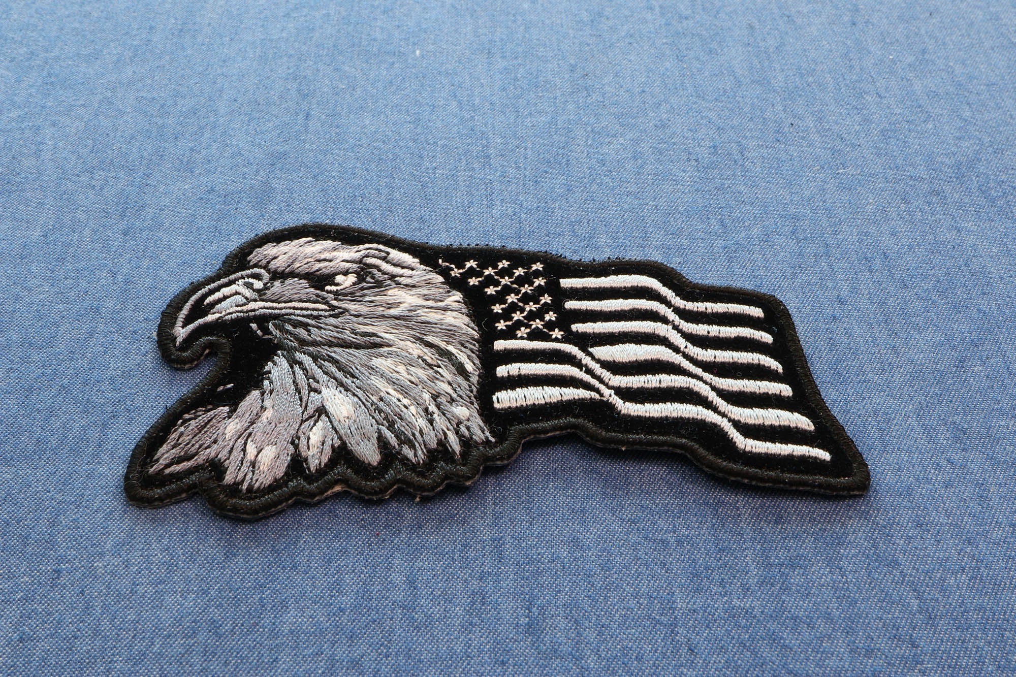 Eagle With Waving Flag Black Silver Patriotic Iron-on Patch ( 4 x 3 inches )