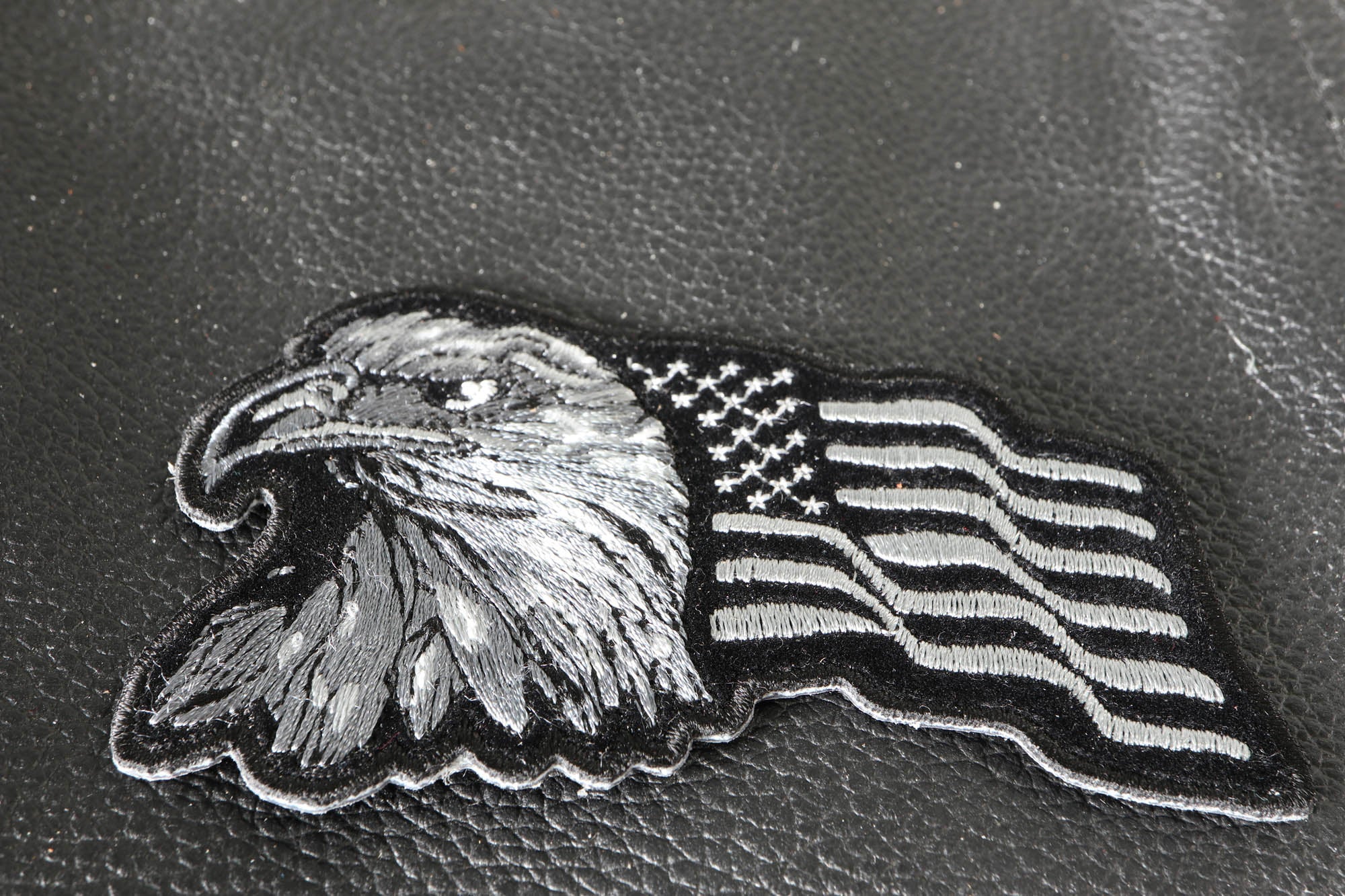 Eagle With Waving Flag Black Silver Patriotic Iron-on Patch ( 4 x 3 inches )