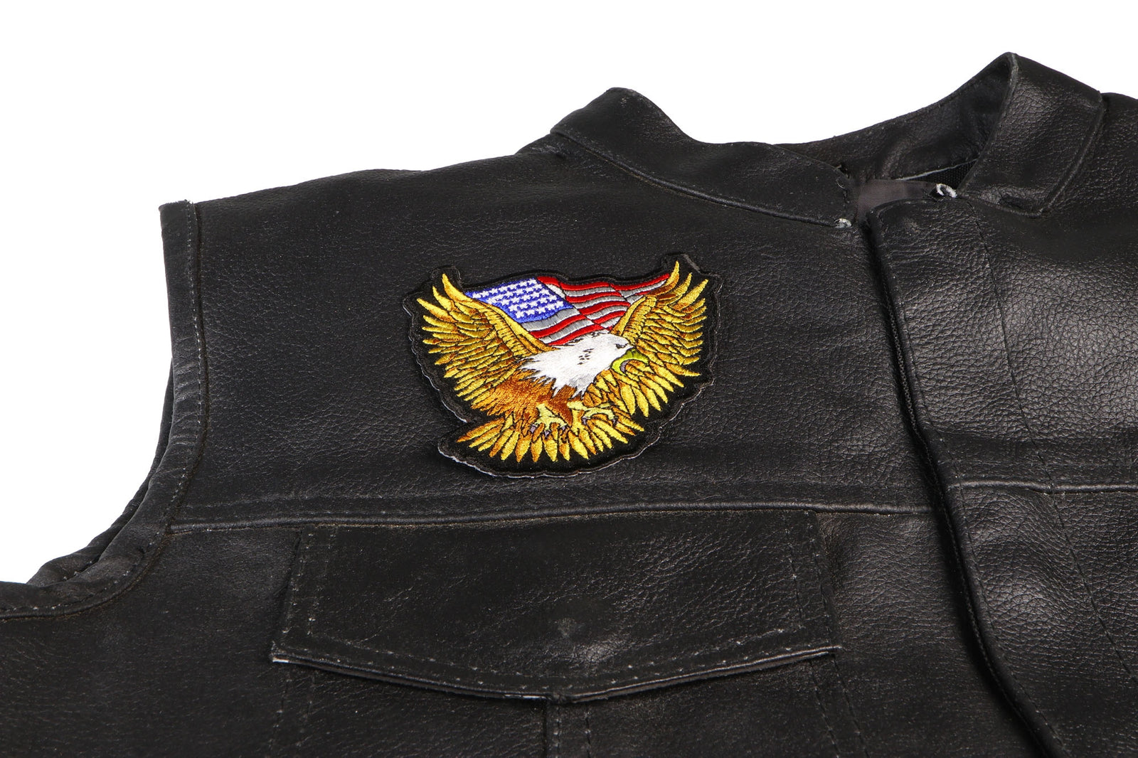 Gold Eagle American Flag Embroidered Patch reverse and construction view