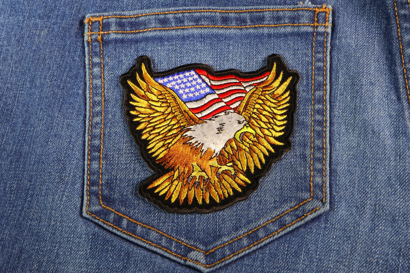Gold Eagle American Flag Embroidered Patch shown for scale