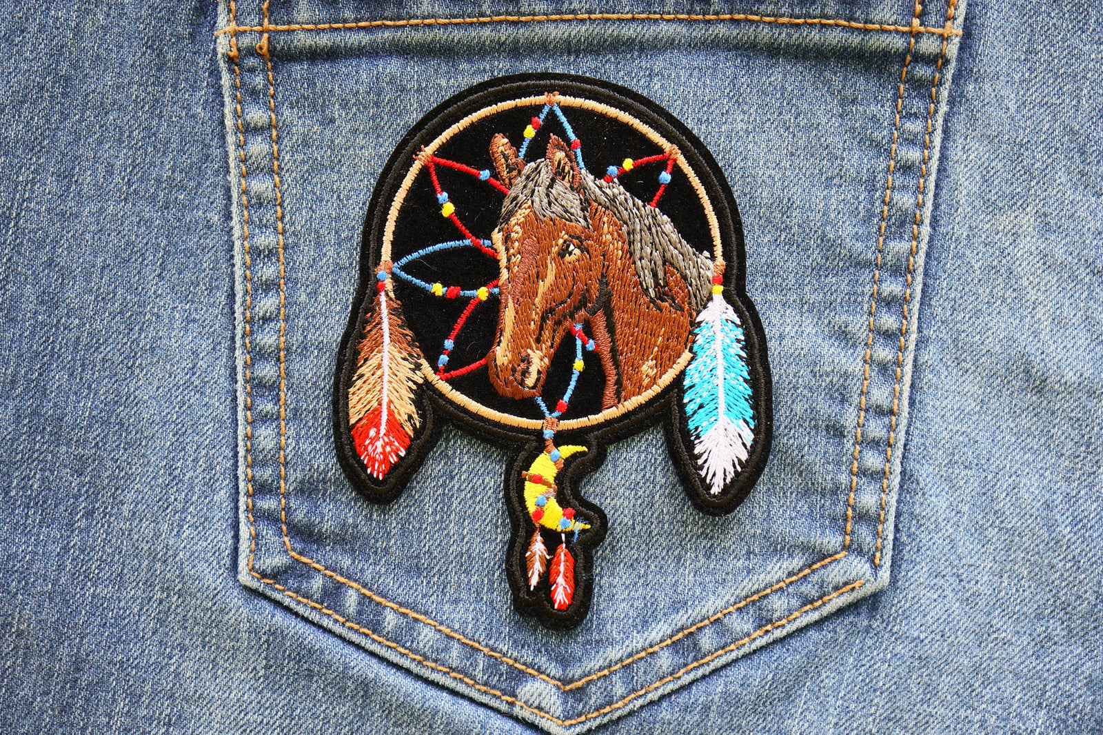 Horse Dreamcatcher Embroidered Patch shown for scale