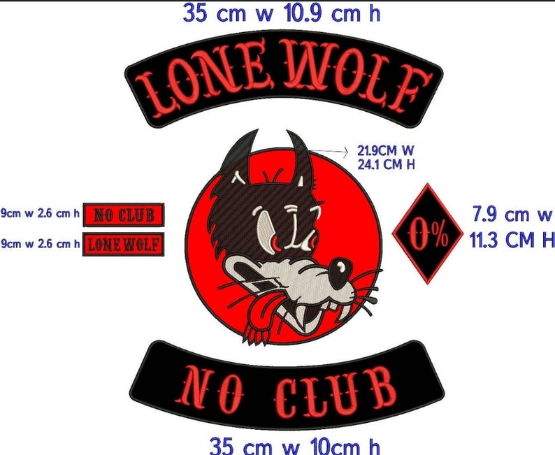 Lone Wolf No Club Embroidered Patch Set – Set of 6 Pcs – Iron-On- Patch ( 5 x 5 inches )