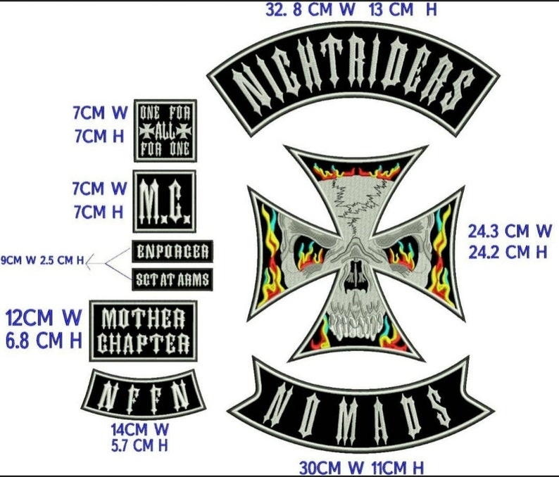 Nightriders Nomads MC Embroidery Patch Set – 9 Pieces Large Size Iron-On ( 5x5 inches )