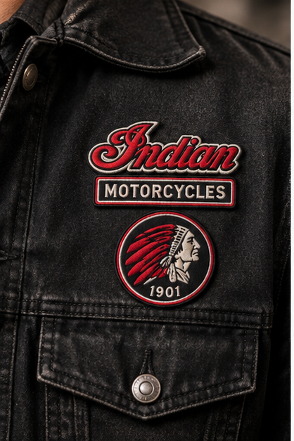 Indian Motorcycles 1901 patch set shown on front biker apparel placement