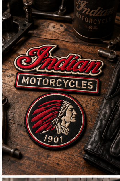 Indian Motorcycles 1901 three-piece embroidered patch set vintage workshop flat lay
