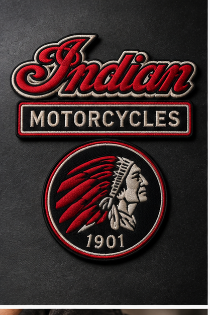 Indian Motorcycles 1901 three-piece embroidered patch set studio product view