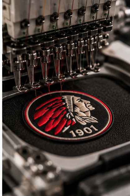 Indian Motorcycles 1901 embroidered patch shown during machine production