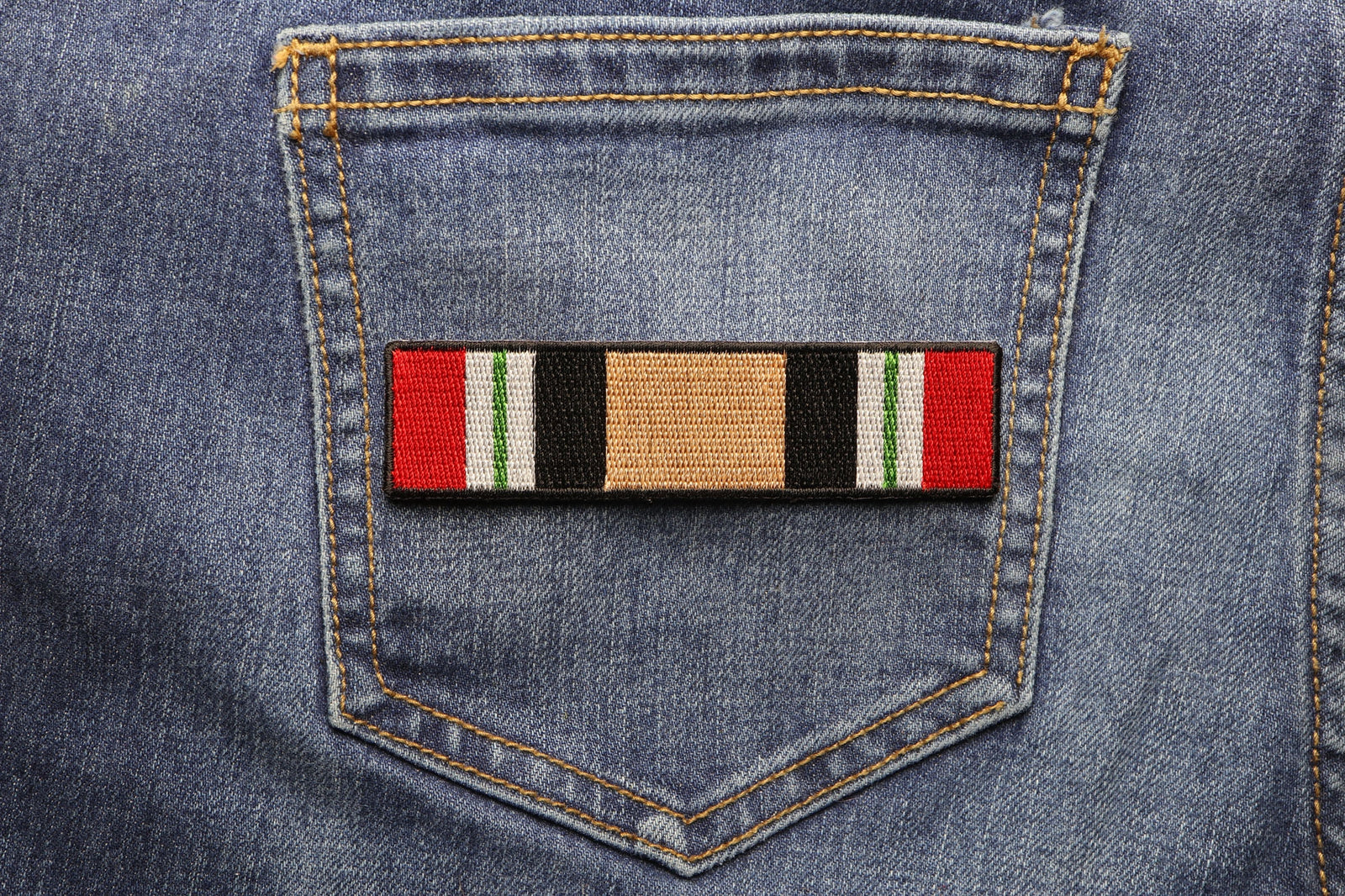 Iraq War Service Ribbon Embroidered Patch shown for scale