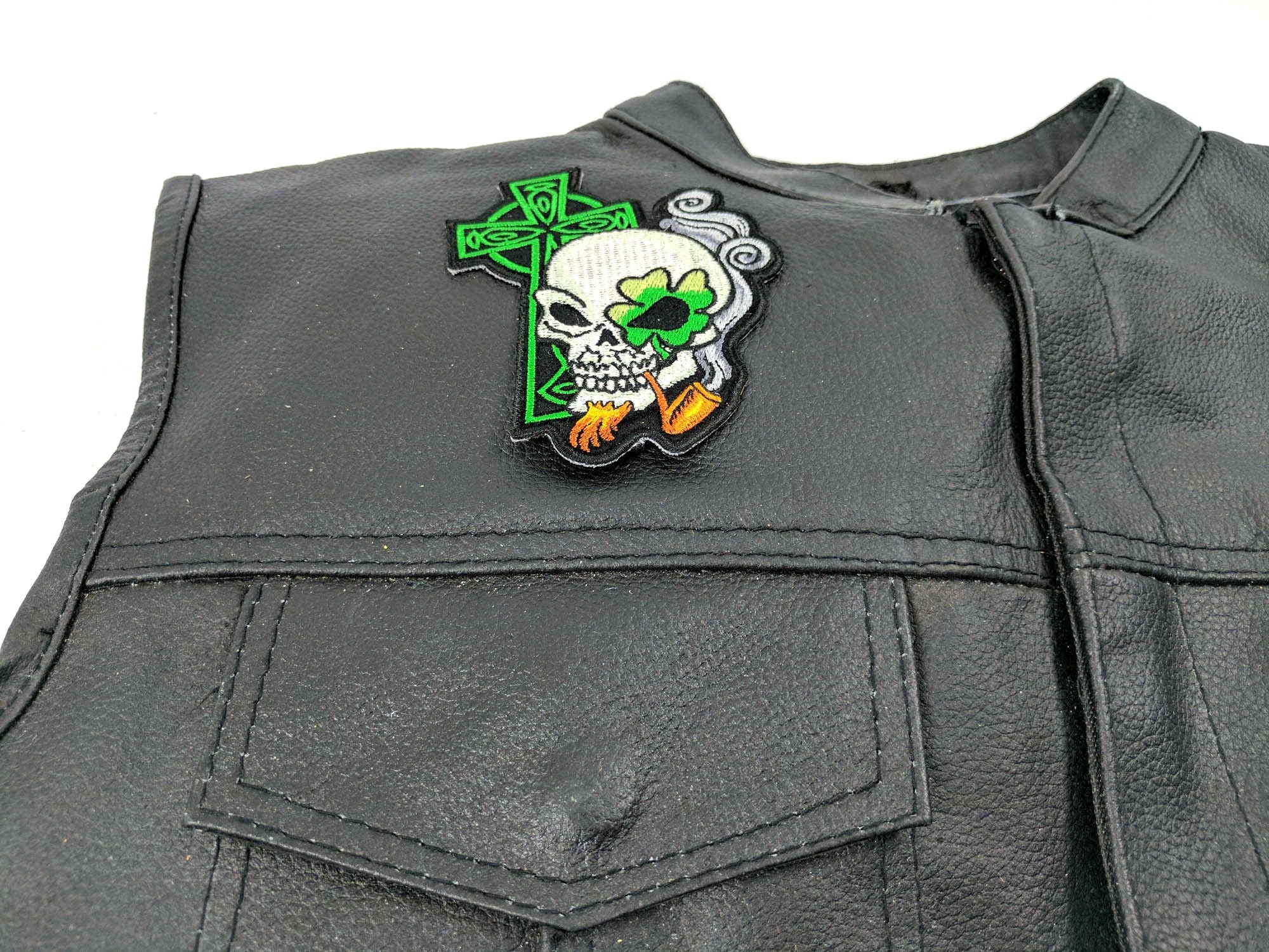 Irish Skull Cross Patch - Smoking Pipe Christian Patch Detail for a Unique Edge (  3 x 3 inches )