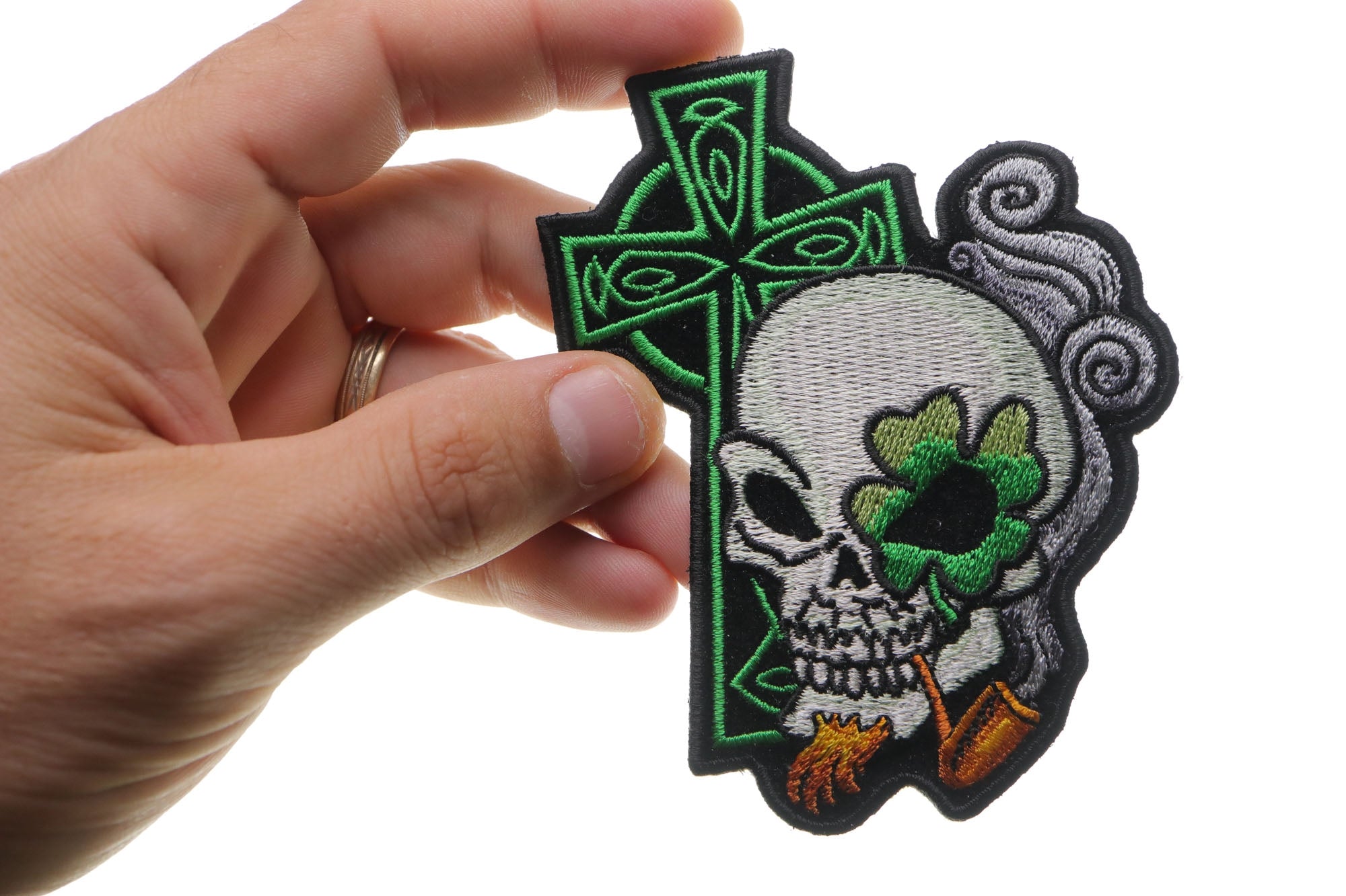Irish Skull Cross Patch - Smoking Pipe Christian Patch Detail for a Unique Edge (  3 x 3 inches )