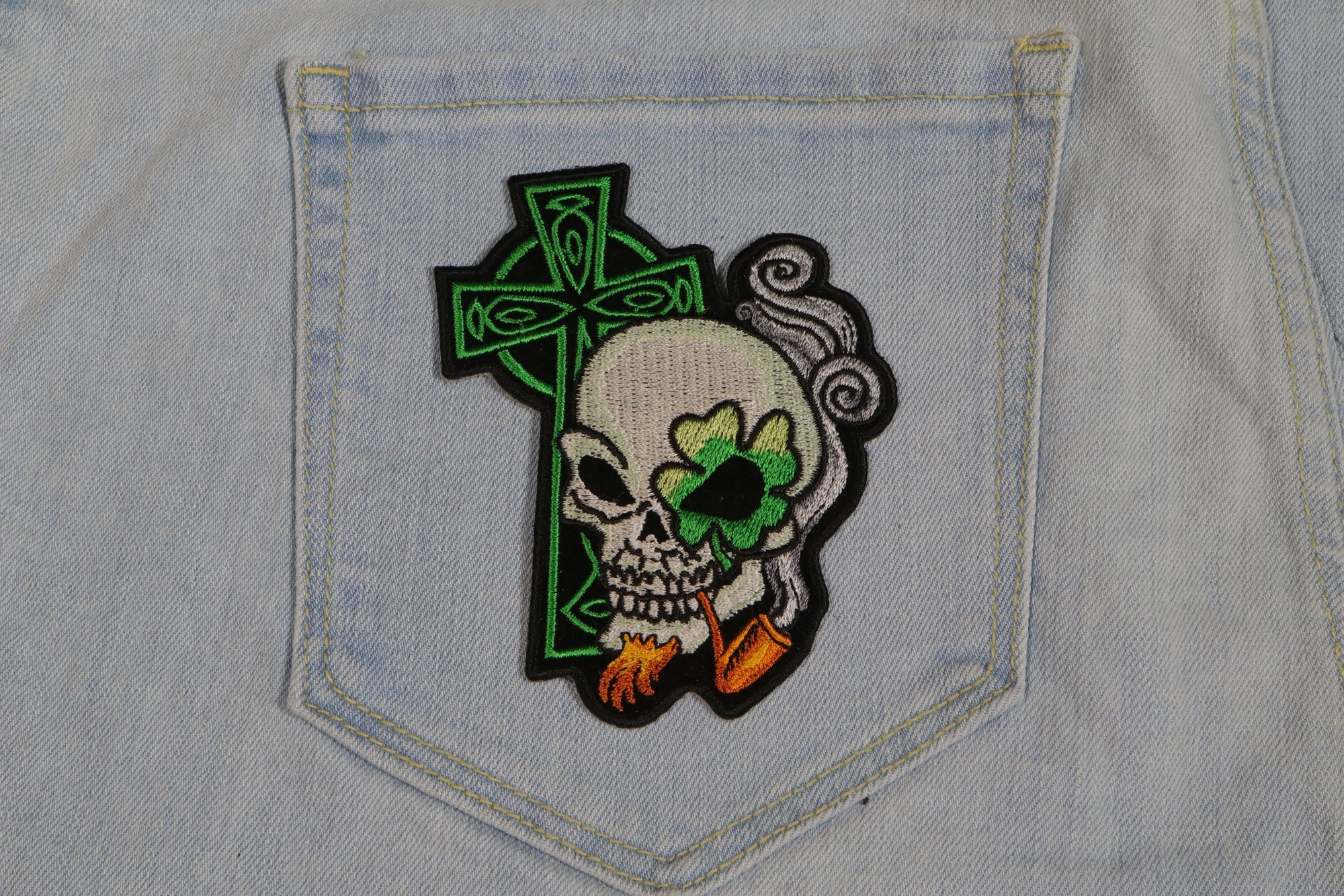 Irish Skull Cross Patch - Smoking Pipe Christian Patch Detail for a Unique Edge (  3 x 3 inches )