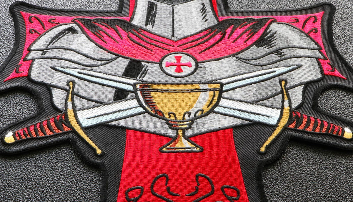 Knight Templar Holy Grail patch border and lettering detail cropped from an actual product photo