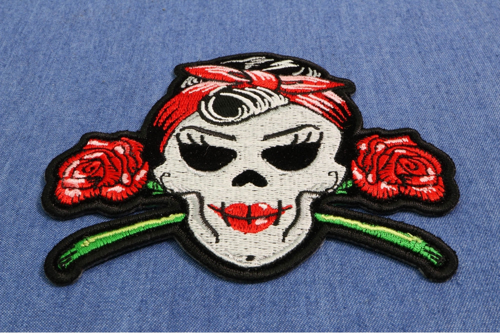 Rockabilly Lady Skull and Roses Embroidery Patch - Bold & Unique Patch ( 4 x 3 inches )