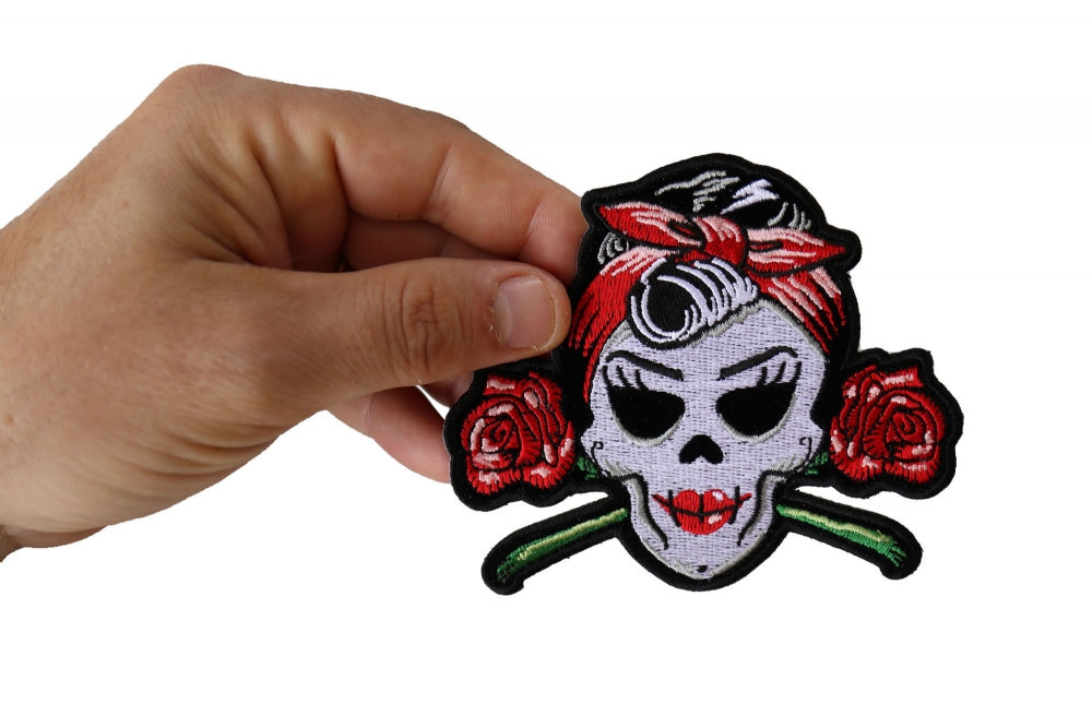 Rockabilly Lady Skull and Roses Embroidery Patch - Bold & Unique Patch ( 4 x 3 inches )
