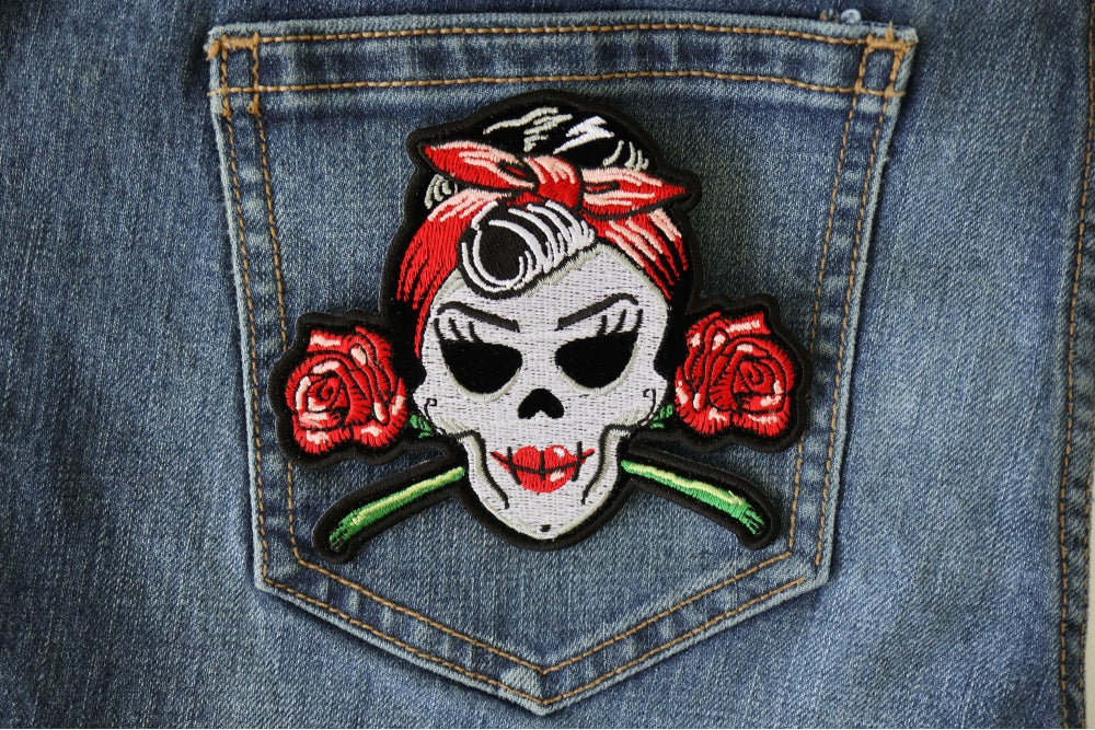 Rockabilly Lady Skull and Roses Embroidery Patch - Bold & Unique Patch ( 4 x 3 inches )