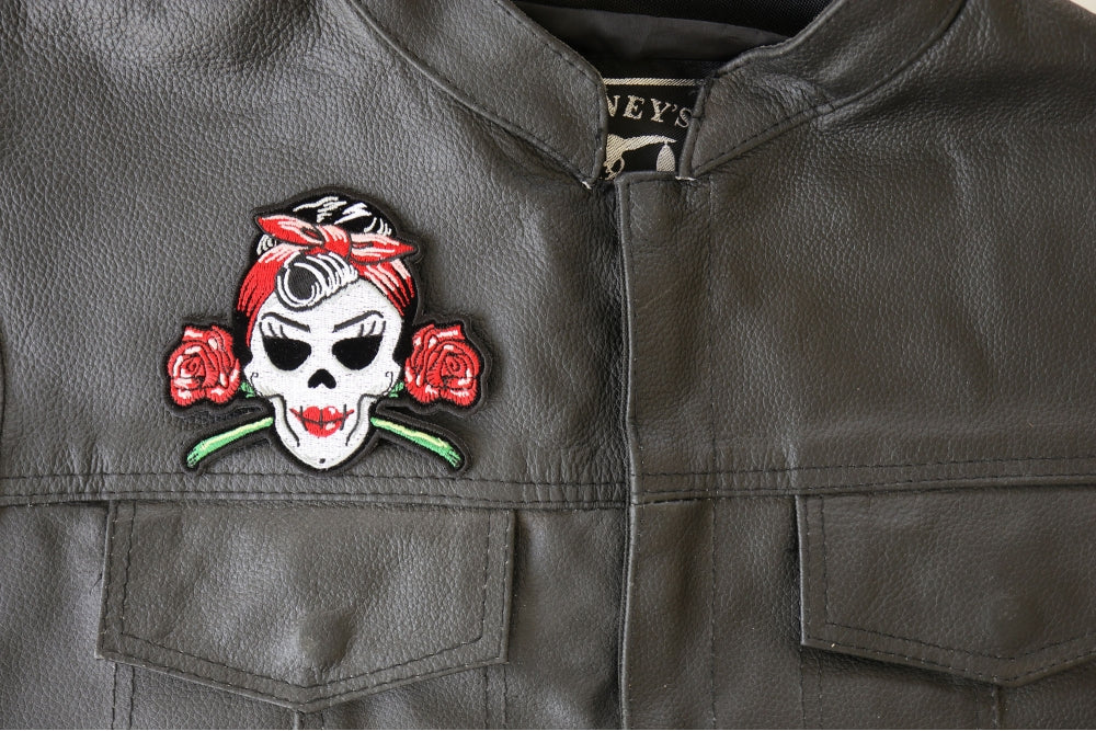 Rockabilly Lady Skull and Roses Embroidery Patch - Bold & Unique Patch ( 4 x 3 inches )