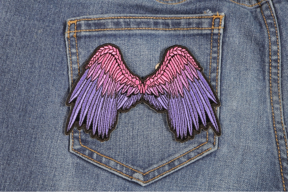 Small Beautiful Angel Wings Pink Biker Patch – Embroidered Iron-On Patch ( 5 x 3 inches )