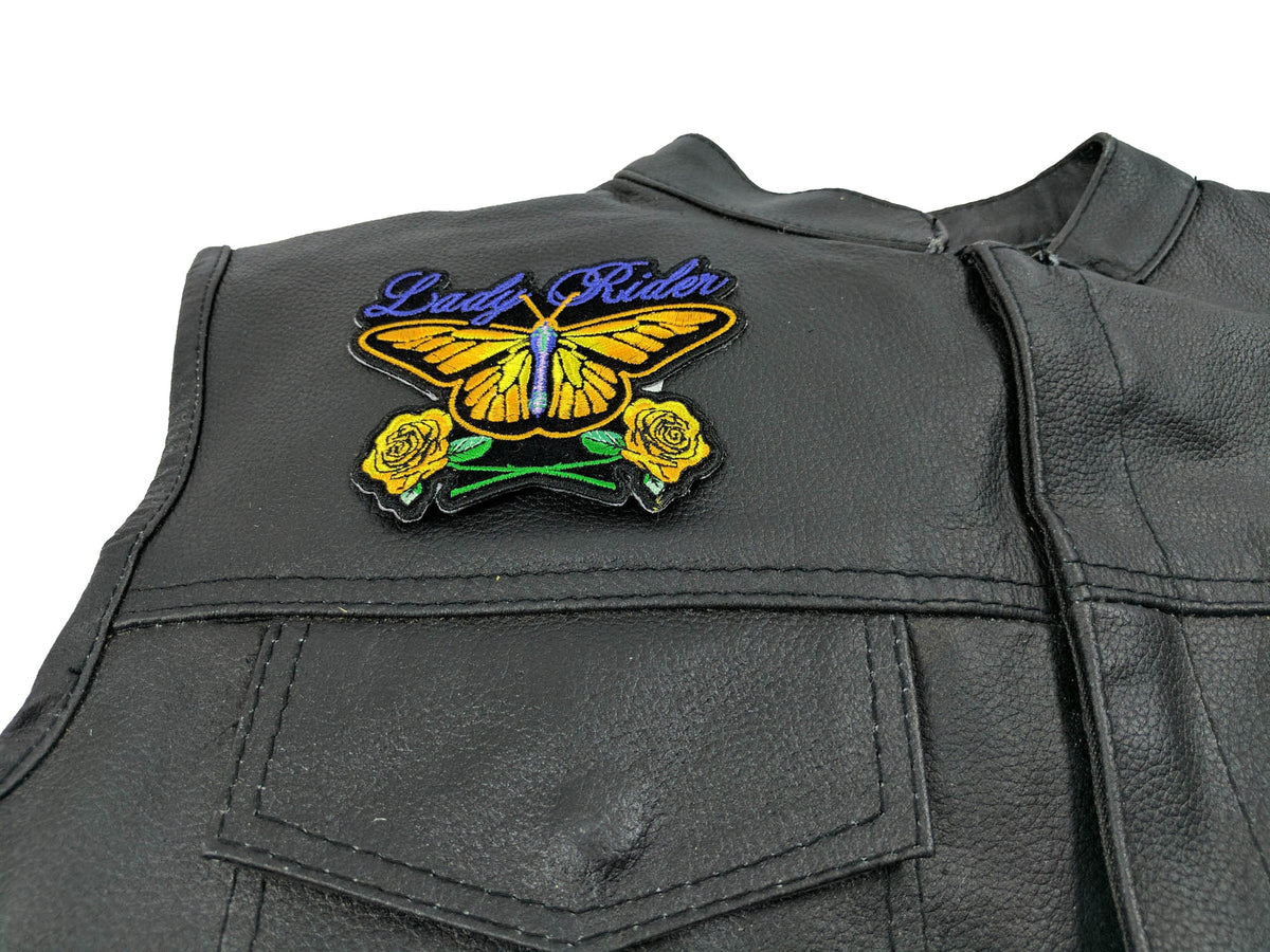 Lady Rider Butterfly Embroidered Patch shown for scale