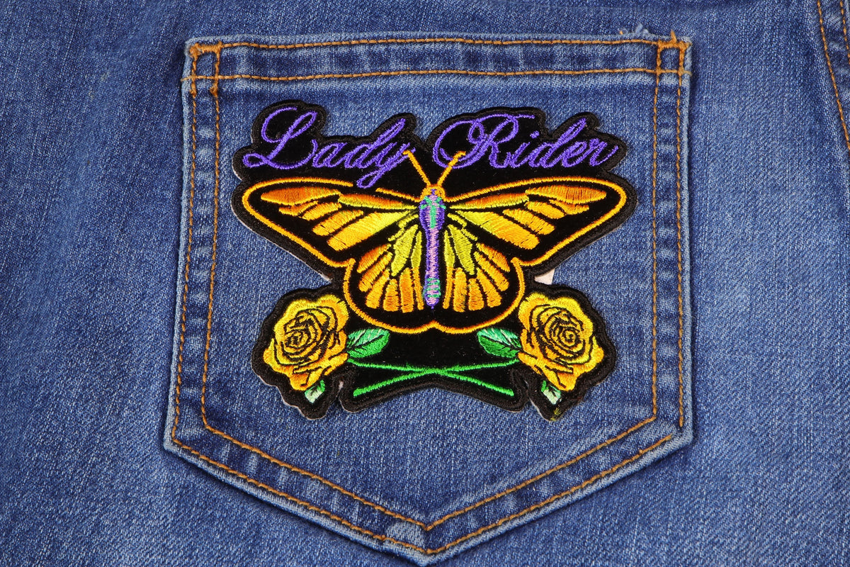 Lady Rider Butterfly Embroidered Patch apparel application view