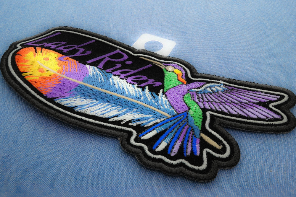 Hummingbird Lady Rider Embroidered Patch reverse and construction view