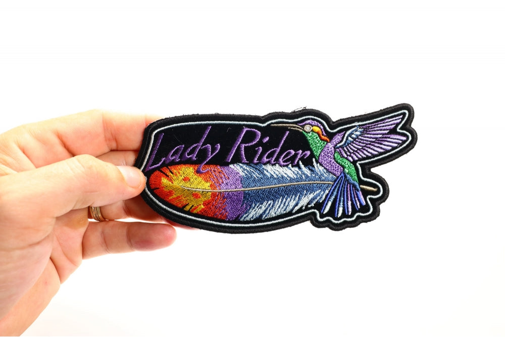 Hummingbird Lady Rider Embroidered Patch shown for scale