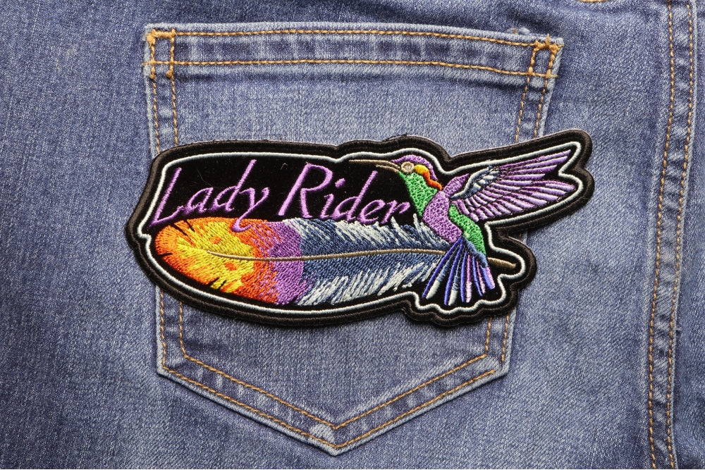 Hummingbird Lady Rider Embroidered Patch apparel application view