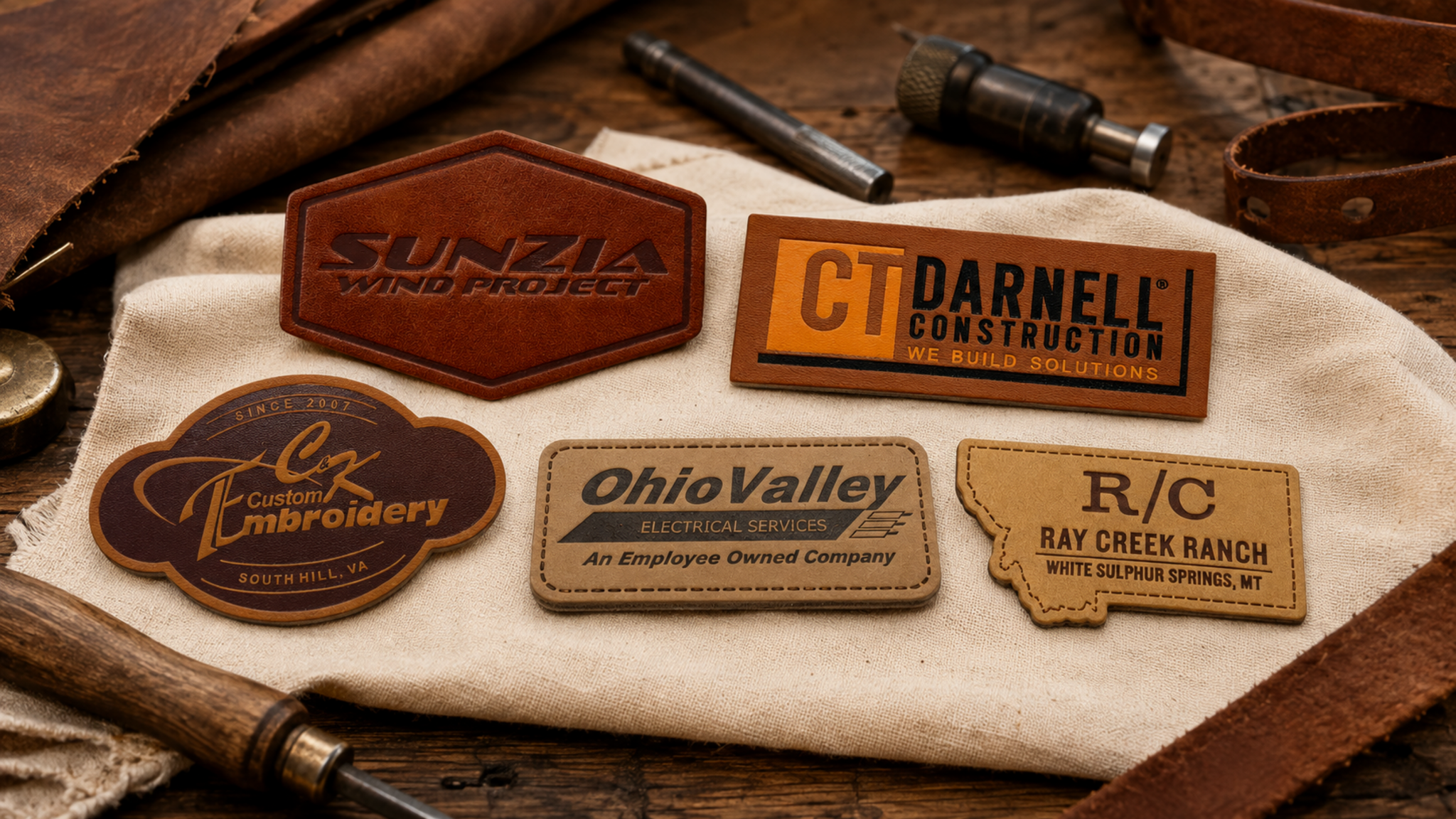 Real completed custom leather patch assortment for bulk orders