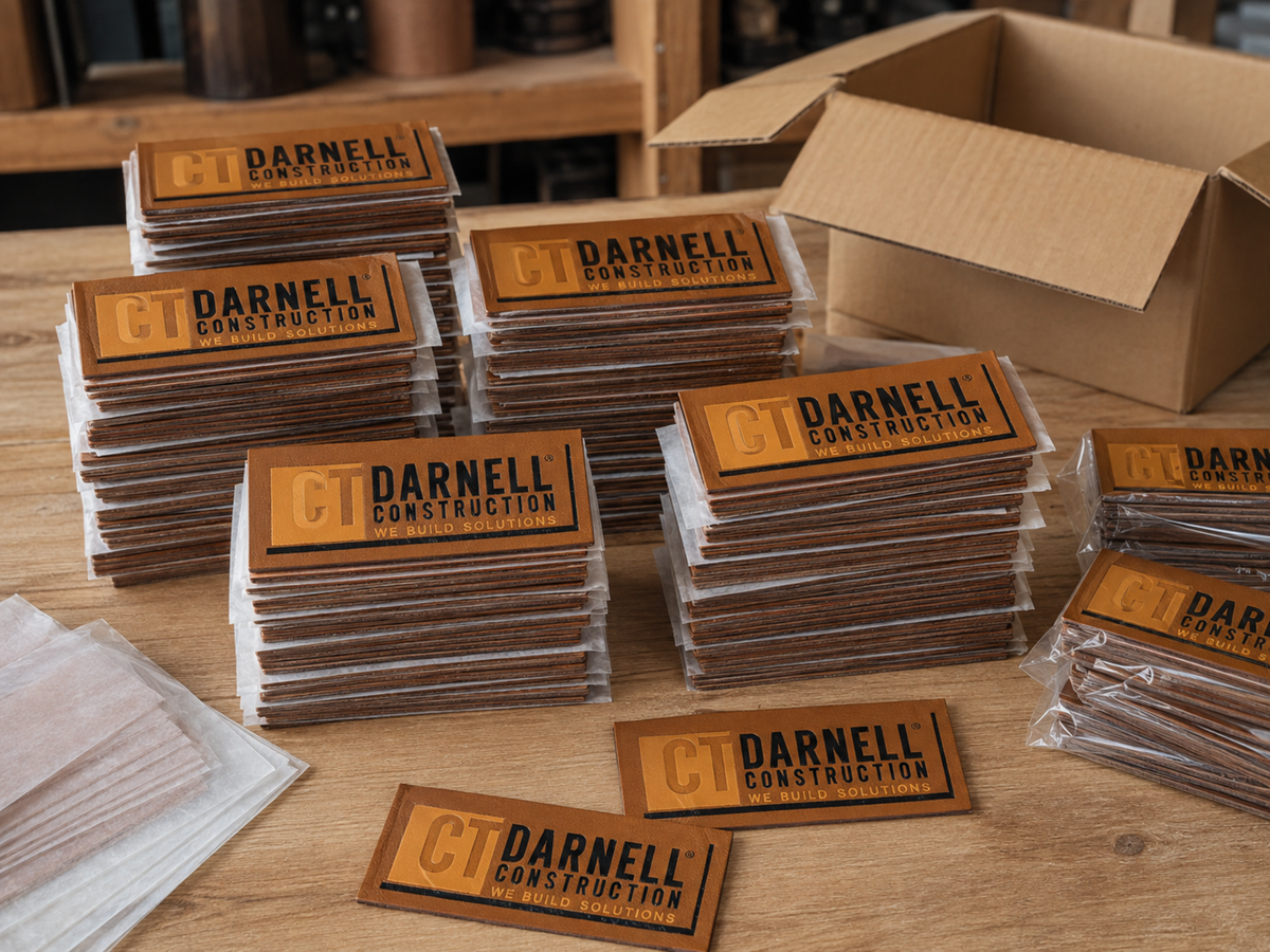 Completed bulk leather patch order ready for packing