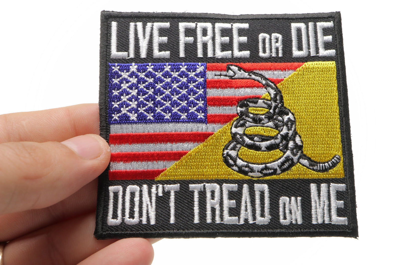 Live Free or Die Gadsden Flag Embroidered Patch reverse and construction view