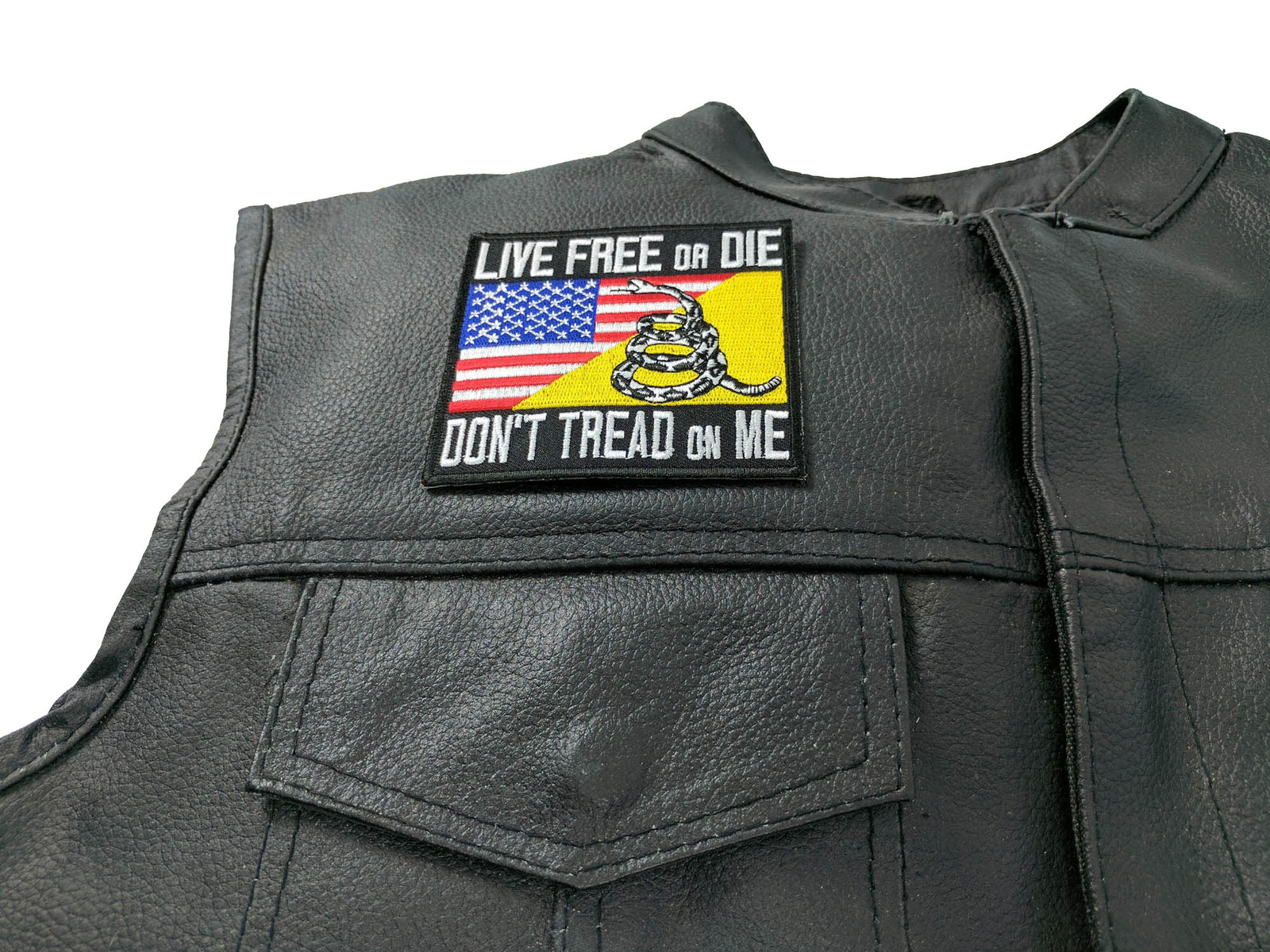 Live Free or Die Gadsden Flag Embroidered Patch shown for scale