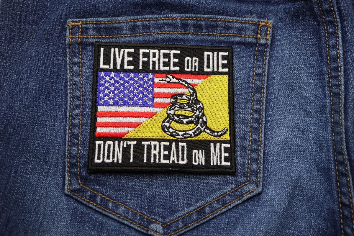 Live Free or Die Gadsden Flag Embroidered Patch apparel application view