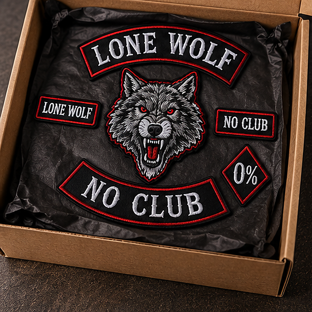 Lone Wolf No Club patch set packaged as a ready-to-ship bundle