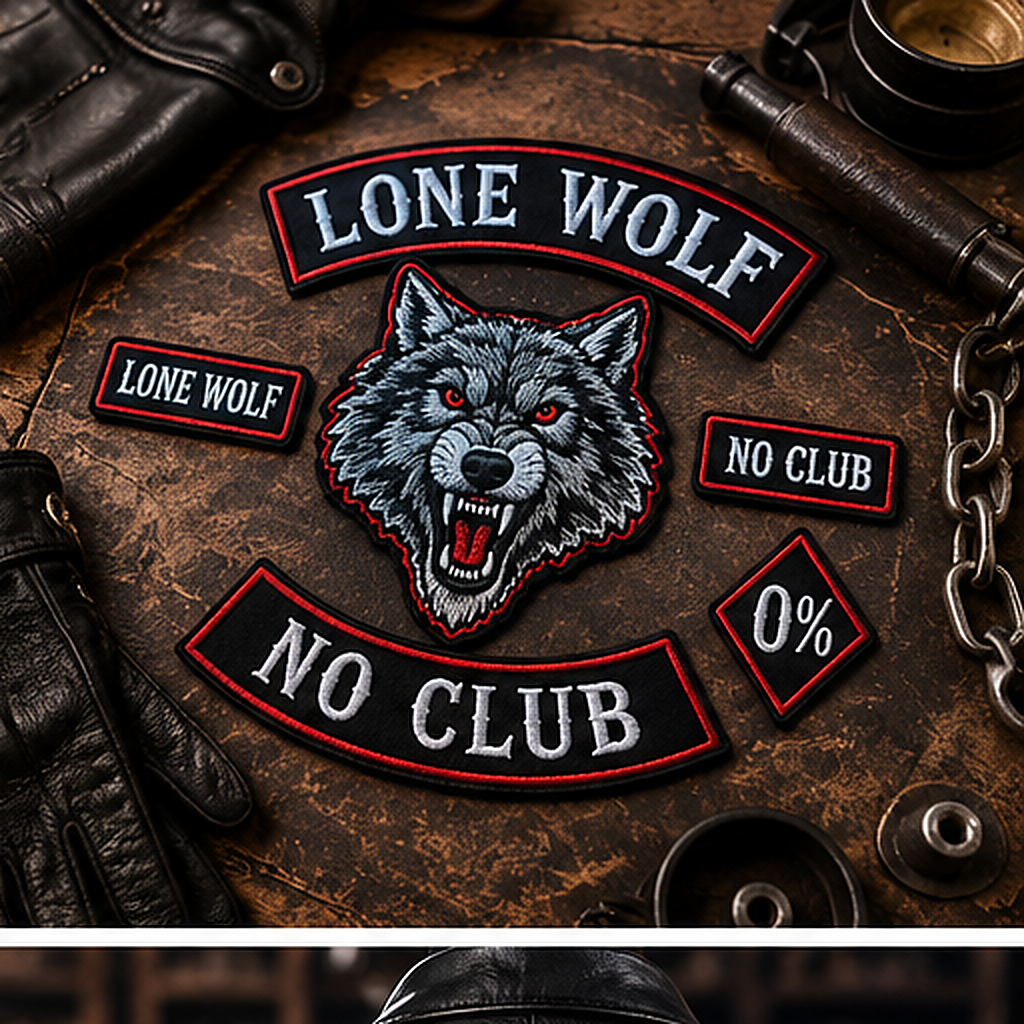 Lone Wolf No Club six-piece embroidered patch set biker flat lay